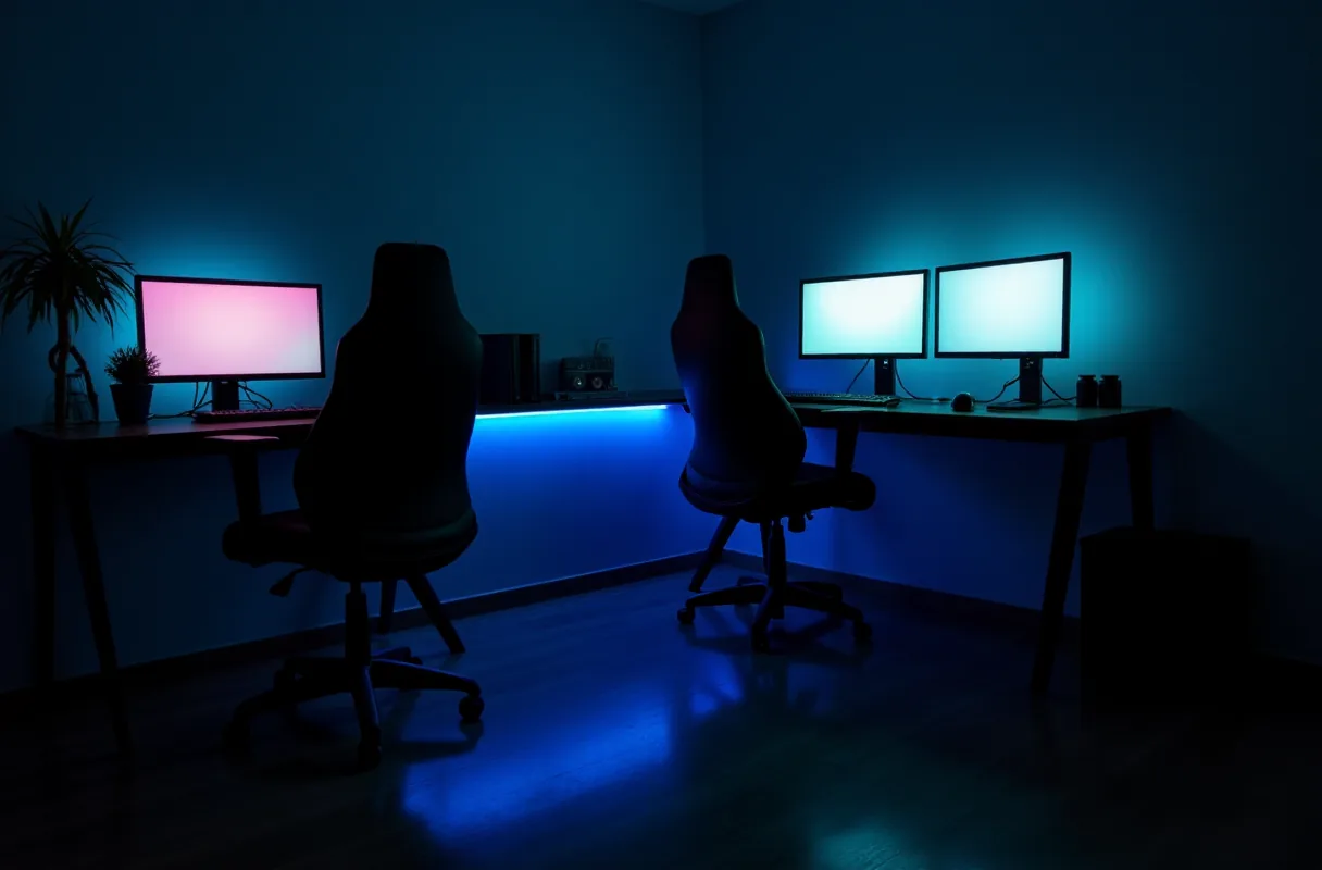 Sala późnym wieczorem, oświetlona tylko poświatą monitorów i taśmą LED pod biurkami